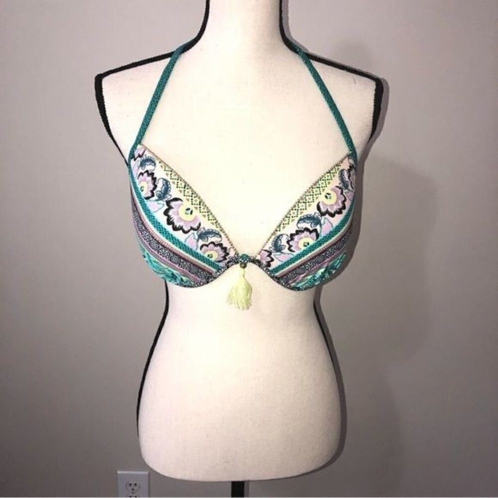 Shade & Shore Swim Bikini Top Size 34DD Blue Green Print Tassel Gold Beading